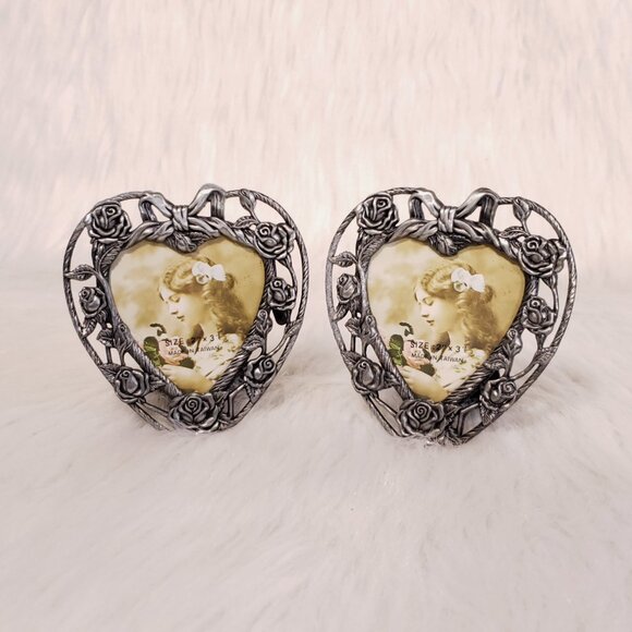 Vtg SET 2 Ornate Victorian Heart Photo 2x3" Picture Frame 4" Pewter Silver Metal - Picture 8 of 8